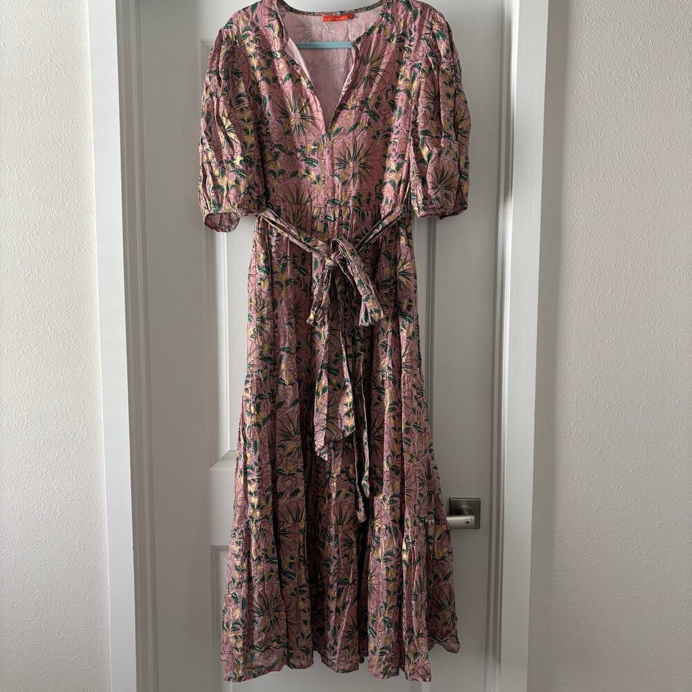 Oliphant Ankara Block Print Gold and Dusty Rose Tie Waist Maxi Dress SZ L Boho